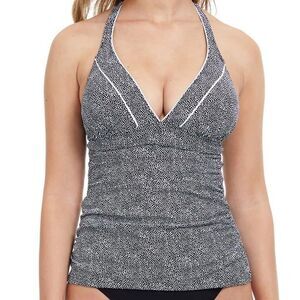 Profile By Gottex NWT Sz 12 Black White Colette V-Neck Halter Tankini Swim Top